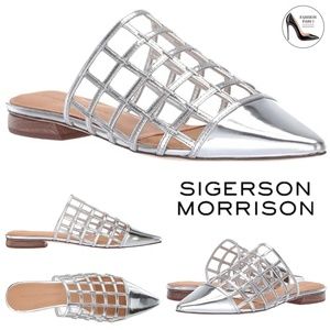 SIGERSON MORRISON Eddi caged mirrored silver leather mules flat heel sandals 37